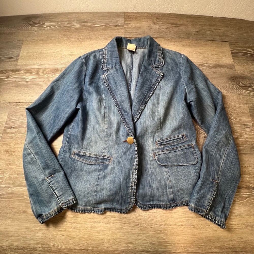 Faded Glory Denim Blazer Women 12 Blue Medium Stone Wash Single Button Casual